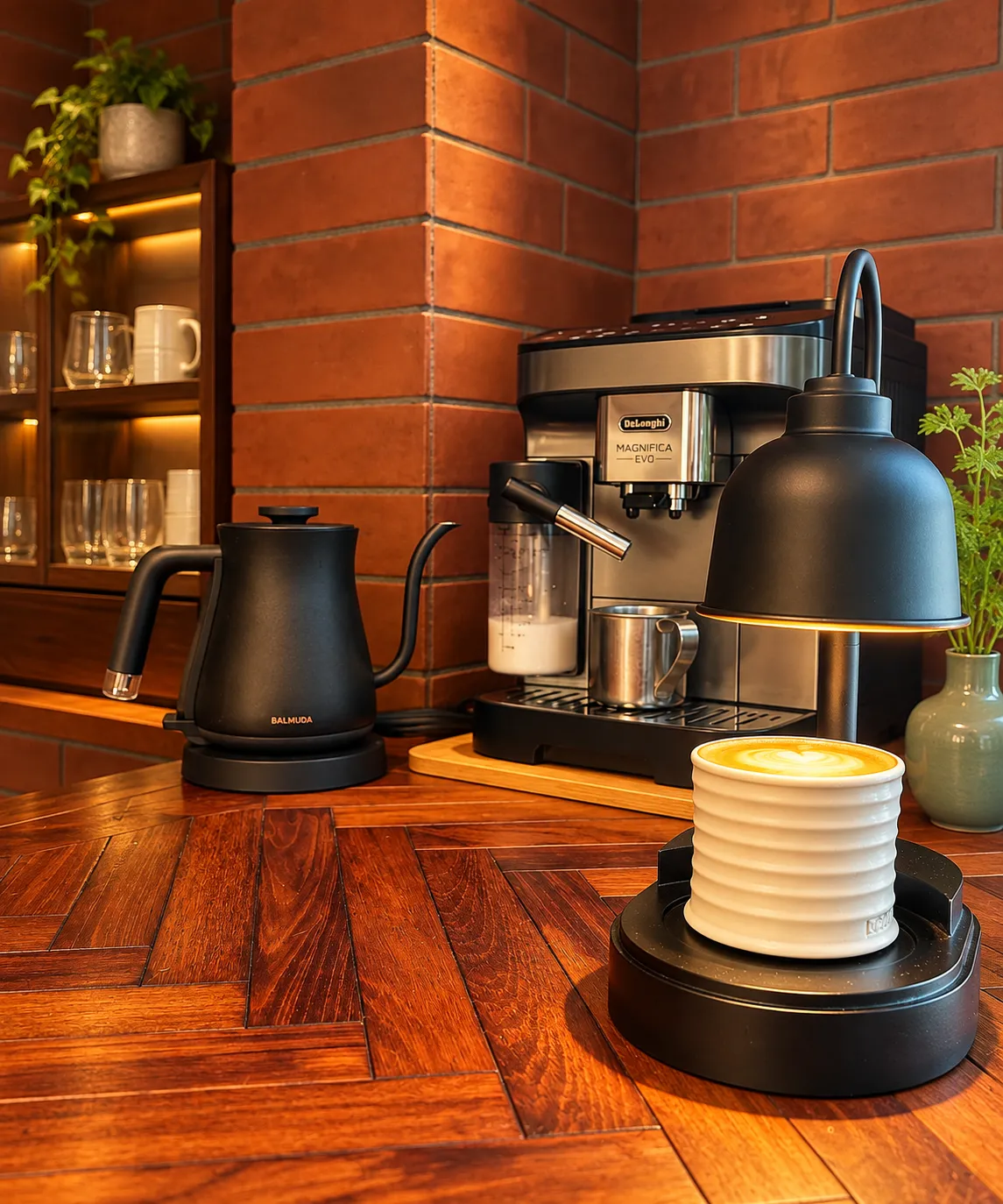 暖かな照明のコーヒーコーナー。煉瓦の壁と木のカウンターに並ぶカプチーノとコーヒーマシン