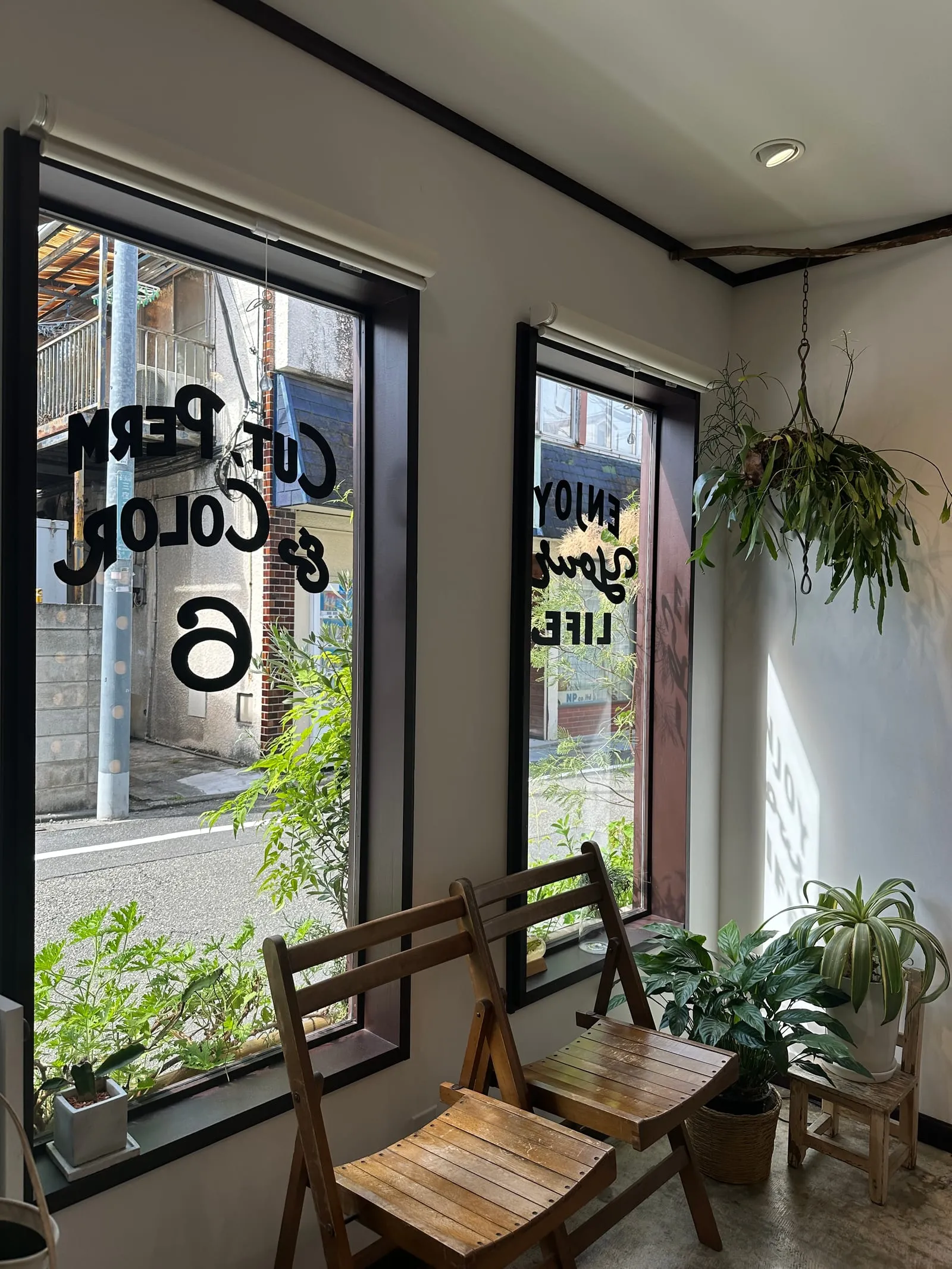 大きな窓から光が差し込み、緑が揺れる店内。木の椅子とガラスのレタリング